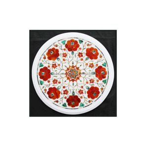 Plateaux de table en marbre blanc avec incrustations décoratives rouges - Product Image 1