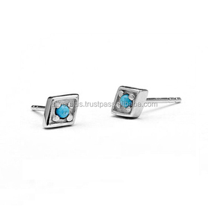 Boucles d'oreilles de mariage en or jaune 14K véritable turquoise avec pierres précieuses Bijoux fins - Product Image 4
