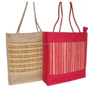 Jute Shopping <b>Bag</b> With Geometric Pattern <b>Medium</b> <b>Size</b> Rope Handle Daily Use Red And Natural Color - Product Image 1