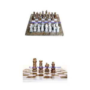 优质天然大理石象棋板跳棋游戏白色和化石corel大理石手工雕刻人物包装盒