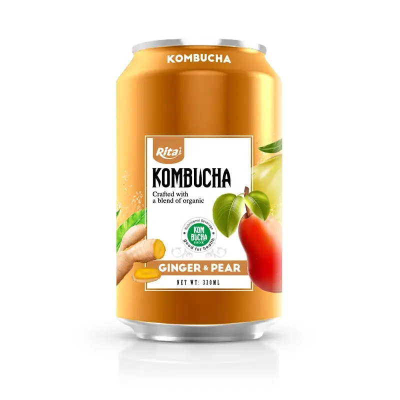 Vietnam pemasok 330ml jahe kalengan dan pir Kombucha teh minuman teh organik Tiongkok teh hijau gaya kemasan Kesehatan