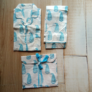 Ensemble de pyjama en tissu imprimé de blocs de main en coton vêtements de nuit et de vacances pour femmes ensemble de chemise et de pantalon de pyjama à manches longues nouvel arrivage - Product Image 1