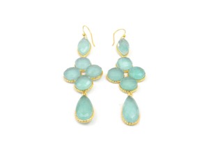 Aqua Calcedony Doublet Naturel Multi Gemstone Rond Et Poire Forme Plaqué Or Dangle & Drop Hoop Boucle d'oreille - Product Image 2