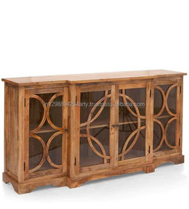 Gabinete de almacenamiento con acabado natural de madera y mango de Buffet con puerta de cristal de cuatro puertas de madera contemporánea - Product Image 1