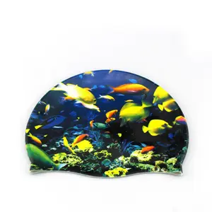 Gorro de natación de silicona con estampado de transferencia de calor de animales marinos, gorro de natación con estampado completo