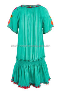 Tunique en coton personnalisable Robe courte pour femme brodée respirante avec bordure pompon brillante pour l'été grande taille - Product Image 5