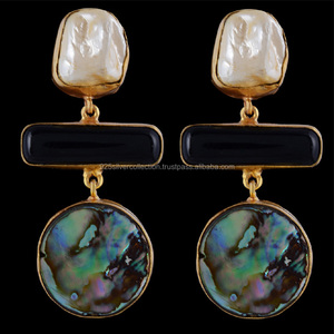 ต่างหูเม็ดเดี่ยวทองเหลืองชุบทองเปลือกหอยเป๋าฮื้อสำหรับเป็นของขวัญงานปาร์ตี้และงานครบรอบ - Product Image 2