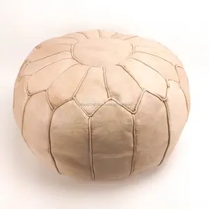 Round Leather Moroccan Pouf - Piping on Seams - Natural - Product Image 1