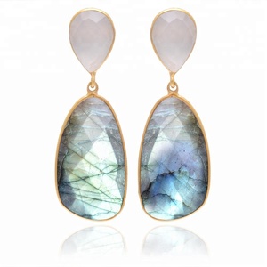 Plata de Ley 925 hecha a mano Natural labradorita orgánica piedra preciosa 18K chapado en oro Vintage antiguo minimalista pendientes para mujer - Product Image 1