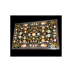 Black Marble Stone Inlay Dining Table Top With Pietra Dura Art Work - Product Image 1
