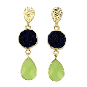 Indian wholesaler lite green chalcedony & black druzy gemstone earring brass 24K electroplated earring women hanging dangling