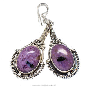 Meilleures boucles d'oreilles en argent pour femmes Boucles d'oreilles faites à la main en argent sterling 925 Charoite ovale naturelle Boucles d'oreilles pendantes en argent - Product Image 1