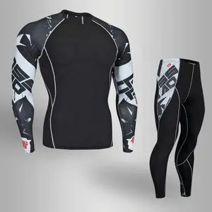 メンズコンプレッションランジョギングスーツ服スポーツセットロングTシャツとパンツジムフィットネス