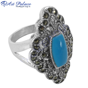 Synthetic Turquoise and Gun Metal 925 Silver <b>Ring</b> Superb <b>Marcasite</b> <b>Ring</b> - Product Image 2