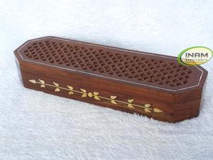 Vintage patrón geométrico hecho a mano latón incrustaciones madera rectángulo Bakhoor quemador decoración del hogar con agujeros de perforación - Product Image 2