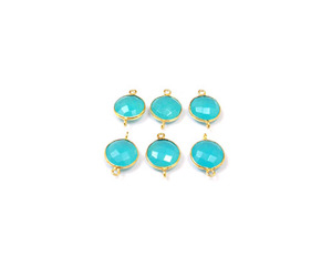 Bleu Aqua calcédoine pierre précieuse plaqué or forme ronde Double caution lunette à facettes connecteur de pierre de naissance Style Boho bijoux à la mode - Product Image 4