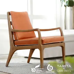 Silla de salón de madera de teca sólida y cuero de vaca, cojín extraíble, Estilo vintage contemporáneo