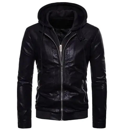 Menの衣類の革のジャケットMenのフード付きレジャーPU革ジャケットWith Custom Logo