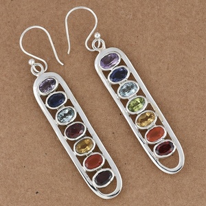 Oval Cut Multi Gemstone 925 <b>Sterling</b> <b>Silver</b> <b>Dangle</b> <b>Earring</b> <b>Silver</b> Plated Fashionable <b>Earring</b> For Wedding Anniversary Gift. - Product Image 3