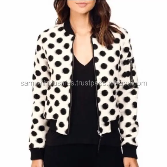 White Sublimation Bomber Jacket With Black Dots Girls Sublimated Jackets Custom Black Printed Varsity Sports Jackets For Women