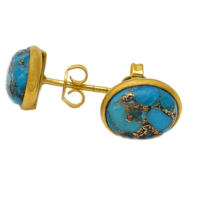 Pendientes de tuerca de cabujón ovalado de piedra preciosa turquesa de cobre azul, joyería hecha a mano, pendiente de moda romántico chapado en oro para mujer. - Product Image 1