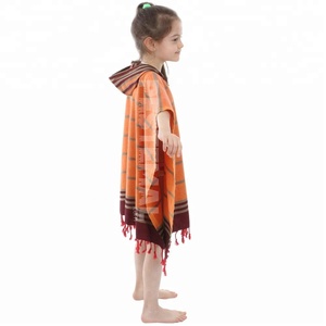 เสื้อปอนโชเด็กน่ารักมีฮู้ด,ผ้า Pestemal บางสีส้มและพู่จากตุรกี Peshtemal ผลิตผ้าฝ้าย100 - Product Image 4