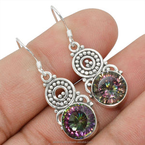 Topacio místico de piedras preciosas pendientes de plata 925 para mujer Natural Topacio místico corte redondo de piedra de Plata de Ley 925 pendientes - Product Image 3