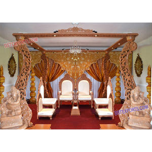 Mandap de Madera Tallada con Cuatro Pilares y Diseño de Pavo Real, Mandap Indio para Bodas en Venta, Mandap de Madera para Bodas Grandes, Decoración para Eventos en EE. UU. - Product Image 1