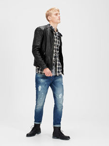 Veste de motard en cuir pur pour hommes - Product Image 5