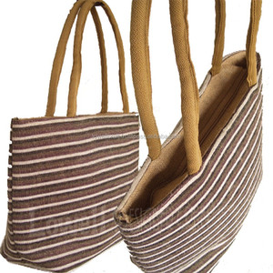 Lowellcraft JUTE STRIPED SHOPPING <b>BAG</b> with ZARI BORDER and ROPE HANDLE (MEDIUM) - Product Image 1