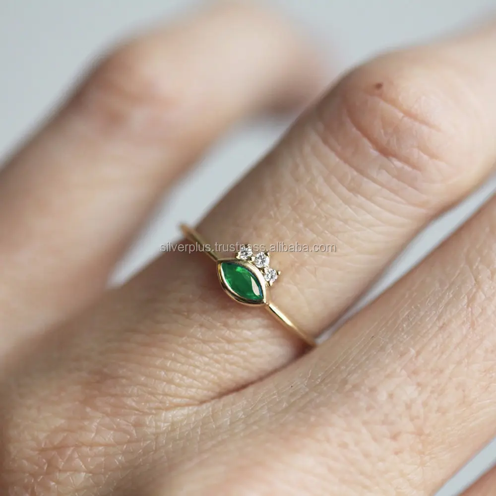 Marquise Cut Zambia Emerald Gemstone Pave Diamond Ring Solid 14k Yellow Gold Wholesale Ring