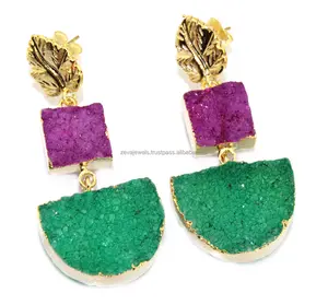 Sparkle two tier natural purple with green sugar druzy geometric earring 24k gold plated gold leaf design stud dangle earrings