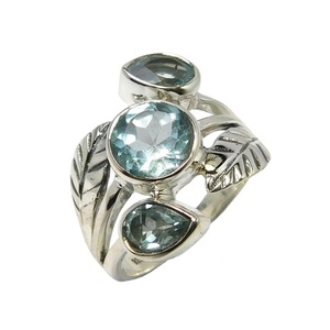 แหวนเปิดพลอยบุษราคัมธรรมชาติสีฟ้าแบบปรับได้925สเตอร์ลิงเครื่องประดับเงินแท้ของขวัญแหวนเวอร์เมอิลนิรันดร์ - Product Image 1