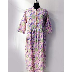 Hecho a mano indio mano bloque tela floral impreso hendidura frontal botón Cerrar las mujeres vestido largo top casual vestido de noche fiesta blusas - Product Image 1