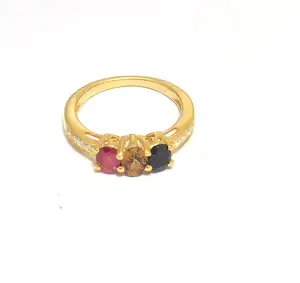 Gold Plated Prong Set Semi Precious Oval Cut Gemstone Pave CZ Ring - Three Stone Ring