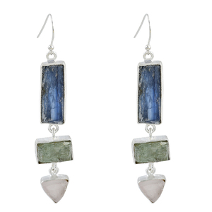 Boucles d'oreilles pendantes en fil d'oreille en argent sterling 925 avec quartz rose kyanite verte Boucles d'oreilles à la mode pour cadeau de mariage. - Product Image 1