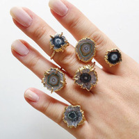 Bague ajustable en laiton plaqué or 18 carats avec quartz solaire serti clos, taille personnalisable, tendance, pour femme, multi-pierres, druzy, mode mariage