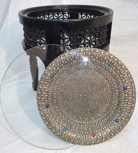 Mesa Redonda Marroquí Antigua de Estilo Parquet con Incrustaciones Negras y Plateado Egipcio Zahereen W63 - Product Image 2