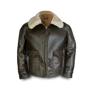 Mens Aviator Pilot Sheepskin shearling Fur Collar Leather Jacket