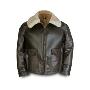 Chaqueta de cuero con cuello de piel de oveja de aviador para hombre