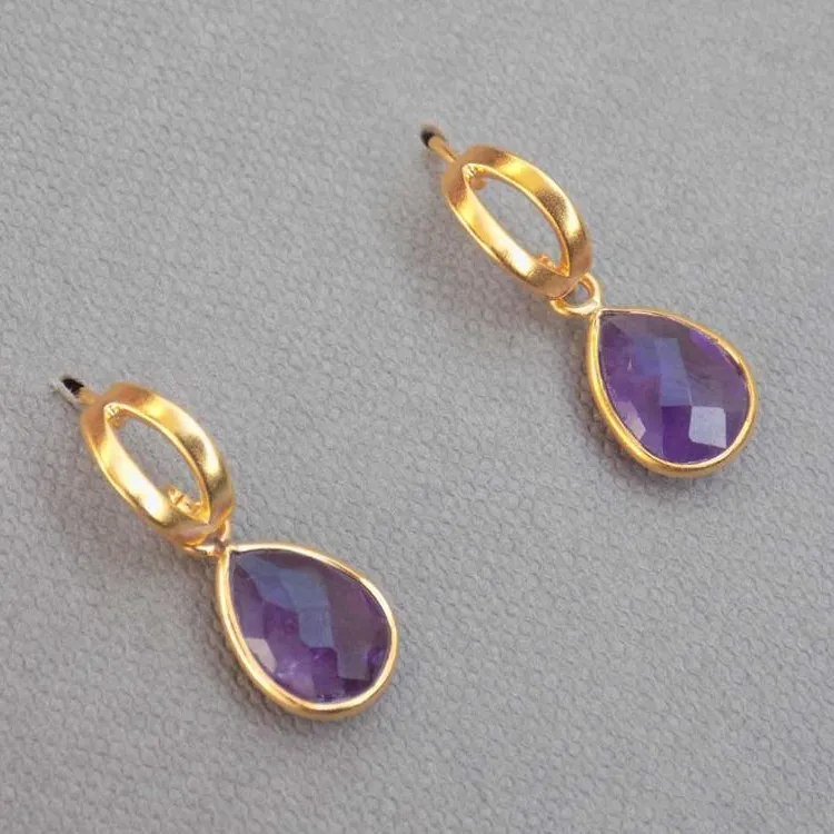 Hot Sales Trendy Fashion Twin Wired 925 Sterling Silver Gold Plated Natural Purple Amethyst Gemstone Wire Earrings For Women