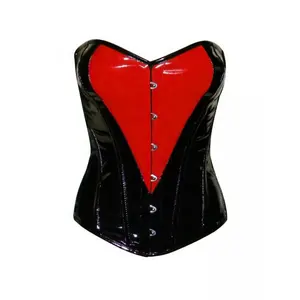COSH corsetto Overbust corsetto in PVC nero disossato con toppa a cuore in PVC rosso moda e abbigliamento da festa fornitori di corsetto da donna Sexy