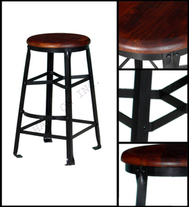 Tabouret de bar en fer pour alignement de siège rond en bois massif au design moderne mobilier industriel pour hôtel, salle à manger, salon extérieur - Product Image 5