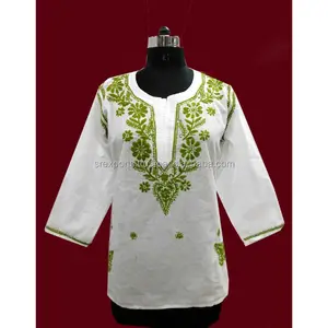Women wear white chicken kurti with colored chicken embroidery casual party wear tunic top blouse lucknowi kurtis