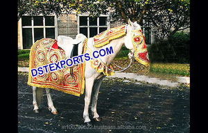 Decoración de Caballo para Bodas Indias Reales, Disfraces de Caballo Elegantes para Bodas Indias, Atuendo de Caballo de Terciopelo Rojo y Azul para Bodas - Product Image 6