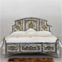 Lit double en bois massif Indian Oak Designs, finition vieillie, design sculpté antique, meubles de chambre à coucher pliables