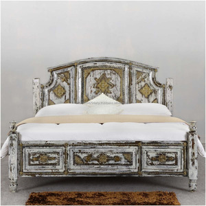 Lit double en bois de chêne massif Sculpture antique Design Maharaja Meubles de chambre à coucher pour usage domestique - Product Image 2