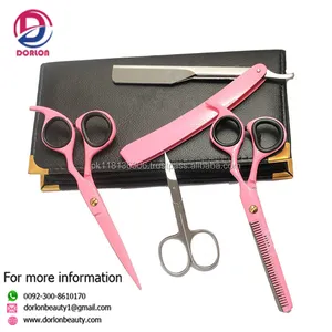 Barber Saloon Hair Cutting Pink Scissors With Shaving Razor And Mini Scissor