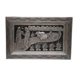 <b>Silver</b> Cultural Embossed <b>Tray</b>,Large Persian Oval <b>Decorative</b> Copper <b>Tray</b> - Product Image 1