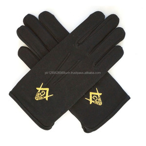 Masonic All Black Guantes de algodón Venta al por mayor Lavable Masonic Guantes de algodón Cuadrado dorado y brújula Guantes bordados - Product Image 1